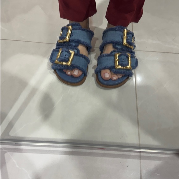 SCHUTZ Blue Sandals with Gold Buckles - Picture 4 of 6